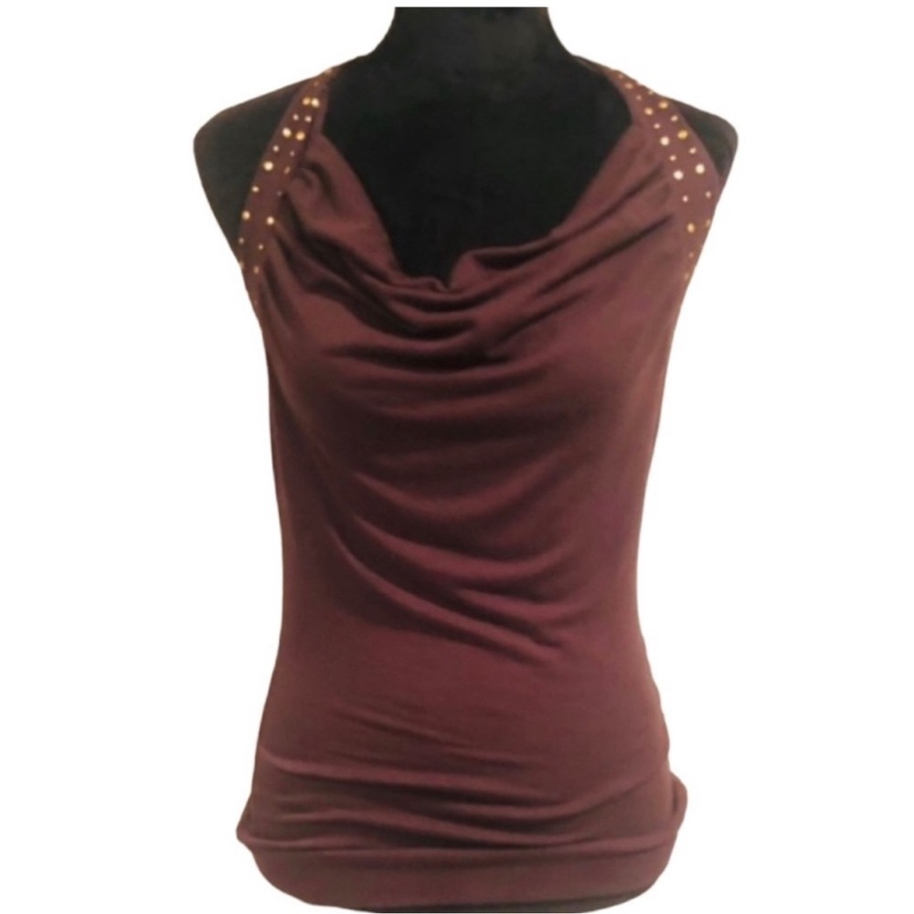 First look brown halter top with gold studs, backless sleeveless runs small